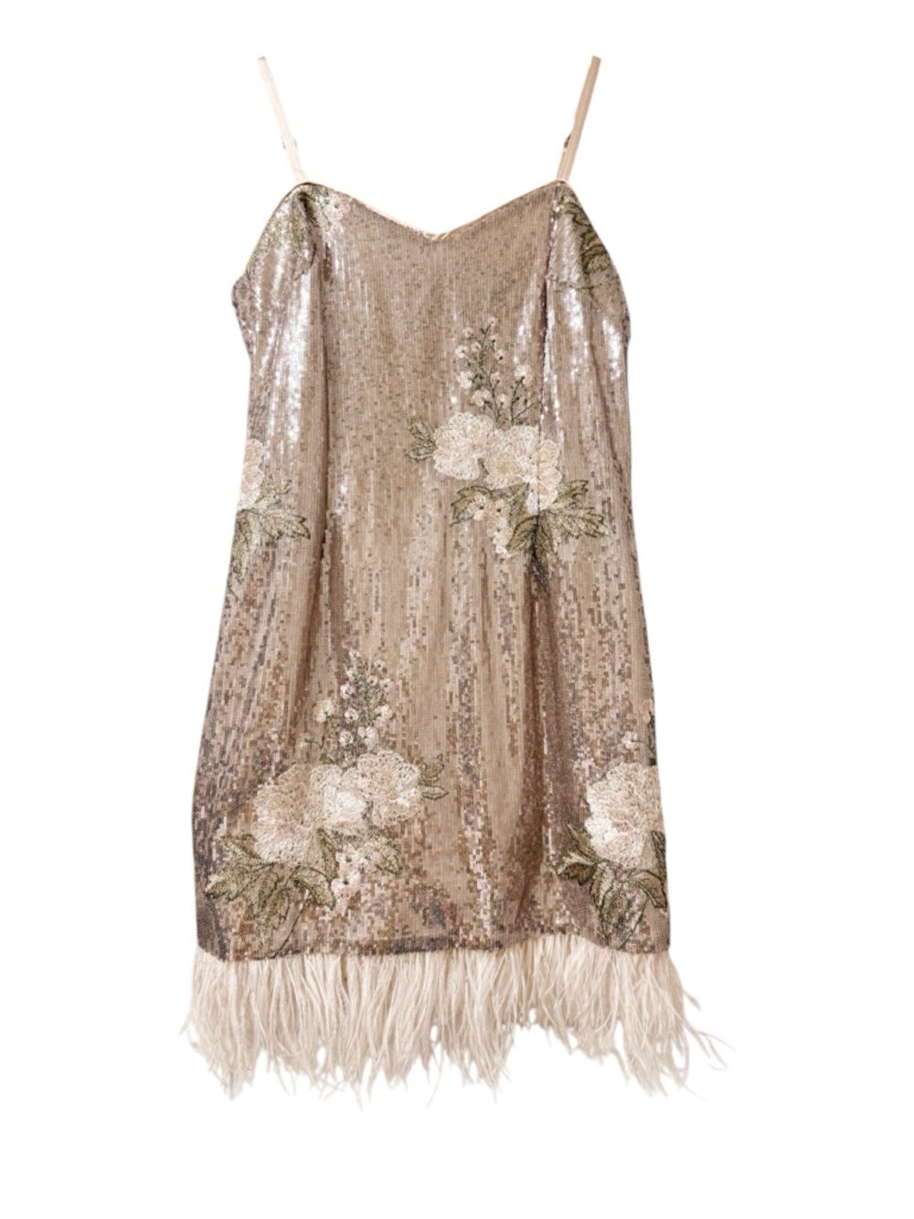 NWT Laundry by Shelli Segal Rose Gold Sequin Floral Appliqué Feather Hem Dress